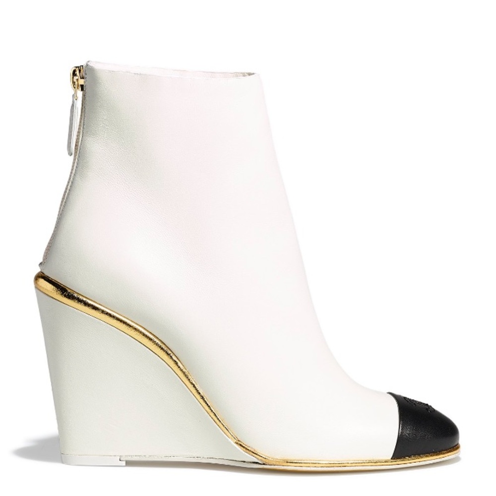 NWT CHANEL white black and gold wedge booties